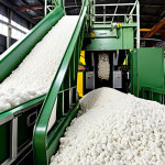 **Image of a modern textile recycling plant:** Showcasing biotechnological cotton recycling, with enzymes breaking down cotton fibers and new fibers being created. Focus on advanced machinery and scientific processes.