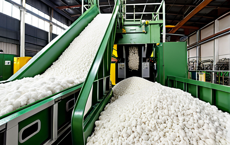 **Image of a modern textile recycling plant:** Showcasing biotechnological cotton recycling, with enzymes breaking down cotton fibers and new fibers being created. Focus on advanced machinery and scientific processes.