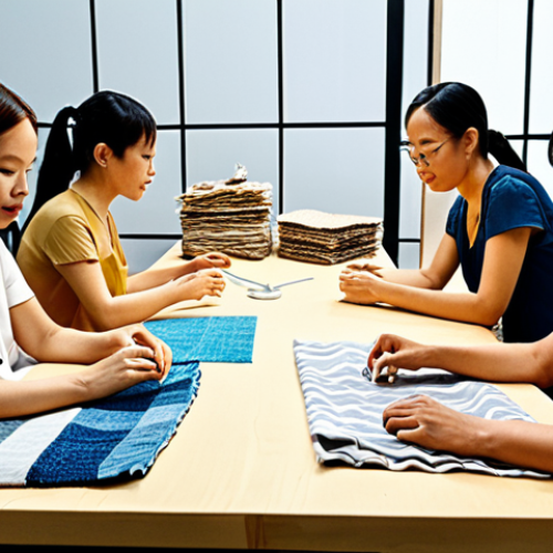**A collaborative workspace filled with diverse individuals – textile manufacturers, R&D scientists, sustainable fashion designers – brainstorming around a table covered in recycled fiber samples and design sketches. The atmosphere is bright, modern, and eco-conscious, emphasizing partnership and innovation in sustainable textile production. Include visual elements representing Vietnam's textile industry.**