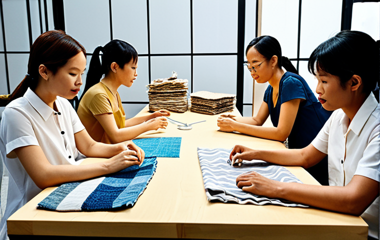 **A collaborative workspace filled with diverse individuals – textile manufacturers, R&D scientists, sustainable fashion designers – brainstorming around a table covered in recycled fiber samples and design sketches. The atmosphere is bright, modern, and eco-conscious, emphasizing partnership and innovation in sustainable textile production. Include visual elements representing Vietnam's textile industry.**
