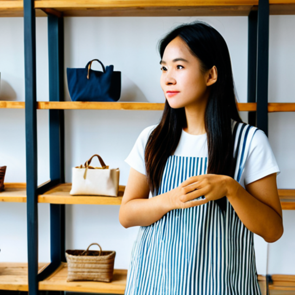 A young Vietnamese woman, fully clothed in a modest, modern casual outfit made from recycled materials, stands gracefully in a sunlit, eco-conscious boutique in Hanoi. She holds a fashionable tote bag crafted from recycled fabric, admiring other sustainable products displayed on natural wooden shelves. The scene captures the essence of mindful consumerism and the growing trend of eco-friendly fashion in Vietnam, portraying a professional and aesthetically pleasing environment. safe for work, appropriate content, family-friendly, perfect anatomy, correct proportions, natural pose, well-formed hands, proper finger count, natural body proportions, professional photography, high quality.