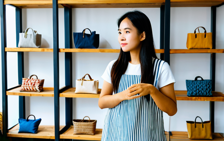 A young Vietnamese woman, fully clothed in a modest, modern casual outfit made from recycled materials, stands gracefully in a sunlit, eco-conscious boutique in Hanoi. She holds a fashionable tote bag crafted from recycled fabric, admiring other sustainable products displayed on natural wooden shelves. The scene captures the essence of mindful consumerism and the growing trend of eco-friendly fashion in Vietnam, portraying a professional and aesthetically pleasing environment. safe for work, appropriate content, family-friendly, perfect anatomy, correct proportions, natural pose, well-formed hands, proper finger count, natural body proportions, professional photography, high quality.