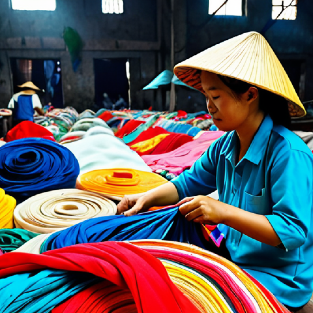 **Image Prompt 1:** A Vietnamese artisan in a traditional *nón lá* hat, carefully sorting colorful fabric scraps in a bustling textile recycling workshop in Hanoi. Emphasis on vibrant colors and textures, realistic lighting, high detail. *safe for work*, *appropriate content*, *fully clothed*, *professional*.