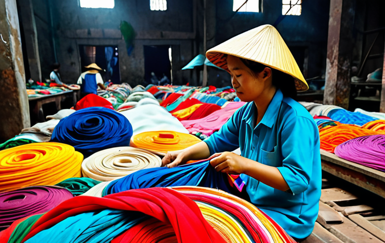 **Image Prompt 1:** A Vietnamese artisan in a traditional *nón lá* hat, carefully sorting colorful fabric scraps in a bustling textile recycling workshop in Hanoi. Emphasis on vibrant colors and textures, realistic lighting, high detail. *safe for work*, *appropriate content*, *fully clothed*, *professional*.