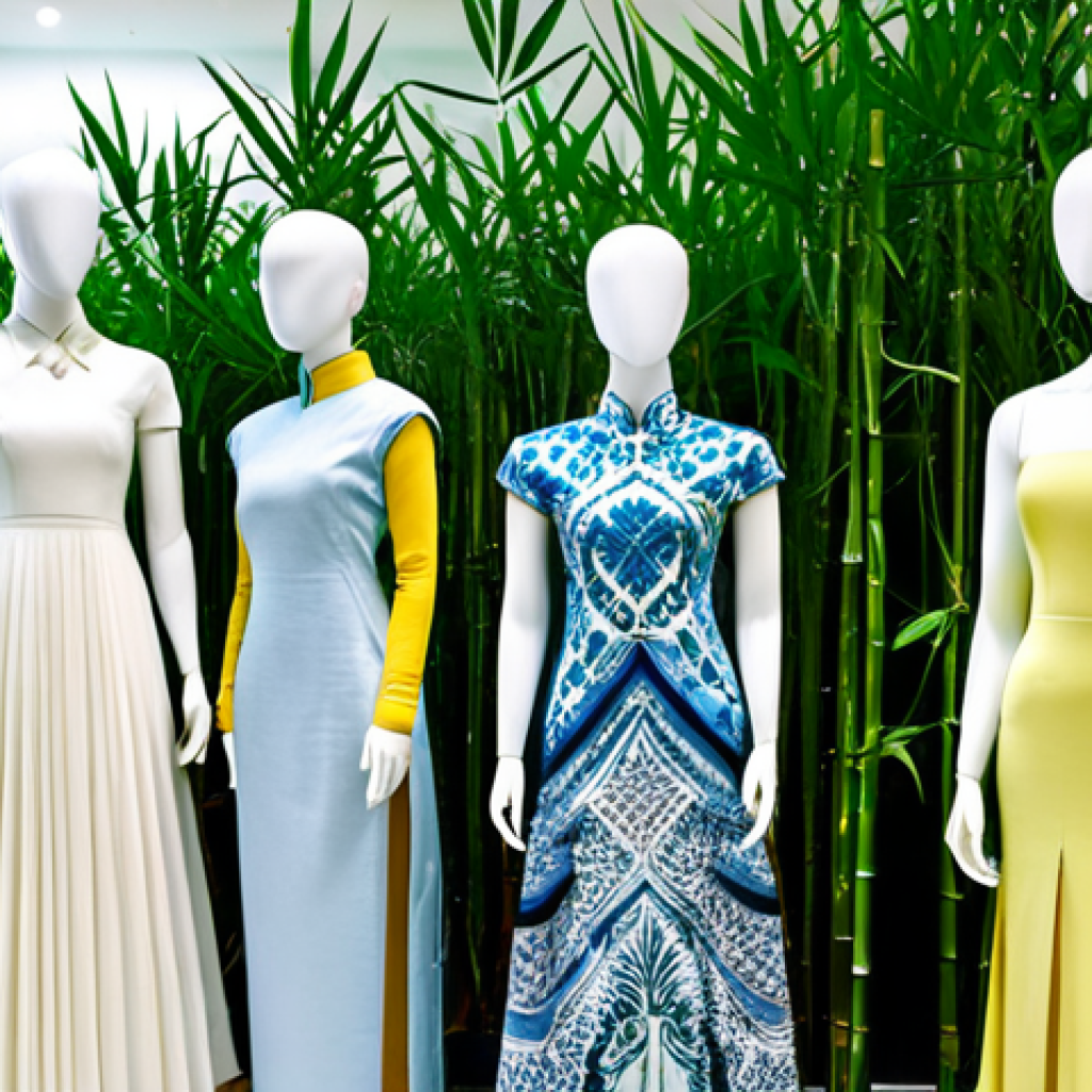 재생 섬유와 전통 섬유의 비교 - Sustainable Fashion Showcase**
"A vibrant display of modern Vietnamese Ao Dai made from recycled po...