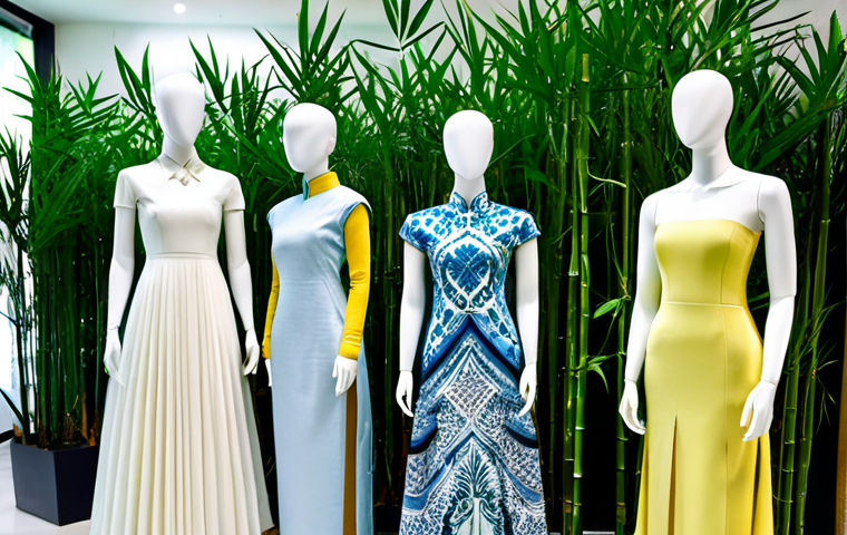 재생 섬유와 전통 섬유의 비교 - Sustainable Fashion Showcase**
"A vibrant display of modern Vietnamese Ao Dai made from recycled po...