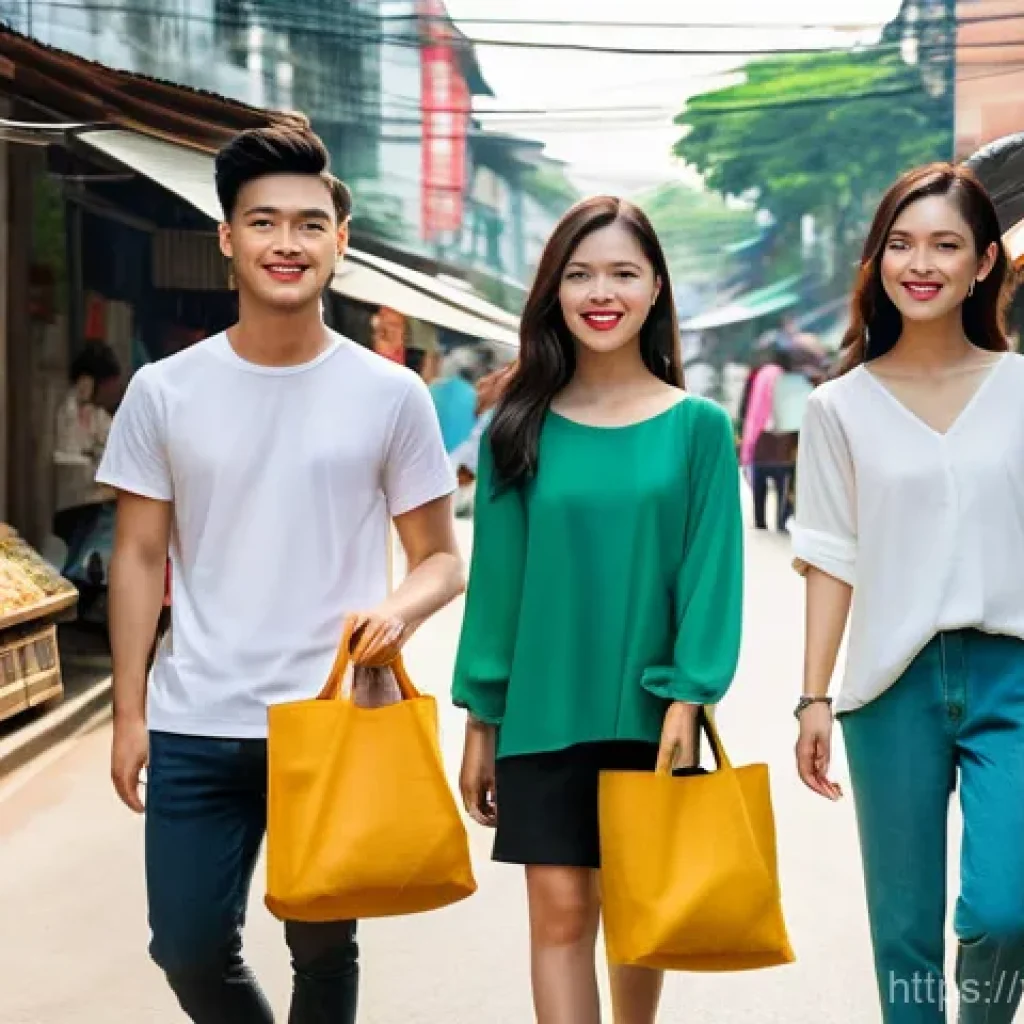 재생 섬유의 소비자 인식 변화 - A group of diverse, stylish young Vietnamese adults, both male and female, showcasing modern and com...