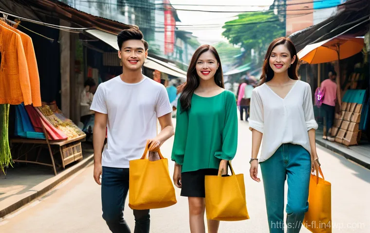 재생 섬유의 소비자 인식 변화 - A group of diverse, stylish young Vietnamese adults, both male and female, showcasing modern and com...