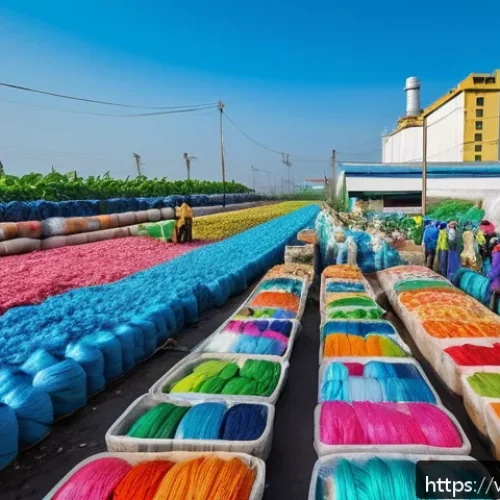 Home 32 재생 섬유의 환경적 영향 평가 - A vibrant Vietnamese urban recycling facility scene focusing on modern machinery processing colorful...