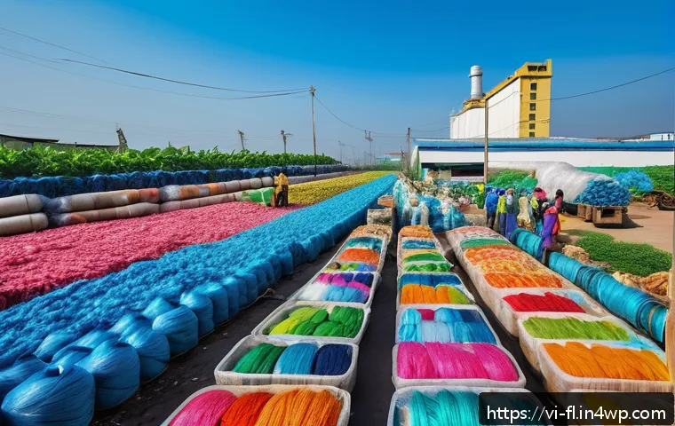 재생 섬유의 환경적 영향 평가 - A vibrant Vietnamese urban recycling facility scene focusing on modern machinery processing colorful...