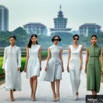 Home 19 재생 섬유의 고급화 전략 - A high-fashion runway scene in Hanoi featuring models wearing elegant, minimalist dresses made from ...
