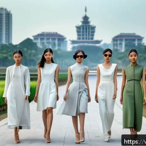 Home 31 재생 섬유의 고급화 전략 - A high-fashion runway scene in Hanoi featuring models wearing elegant, minimalist dresses made from ...