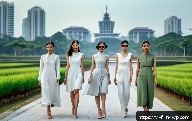 재생 섬유의 고급화 전략 - A high-fashion runway scene in Hanoi featuring models wearing elegant, minimalist dresses made from ...