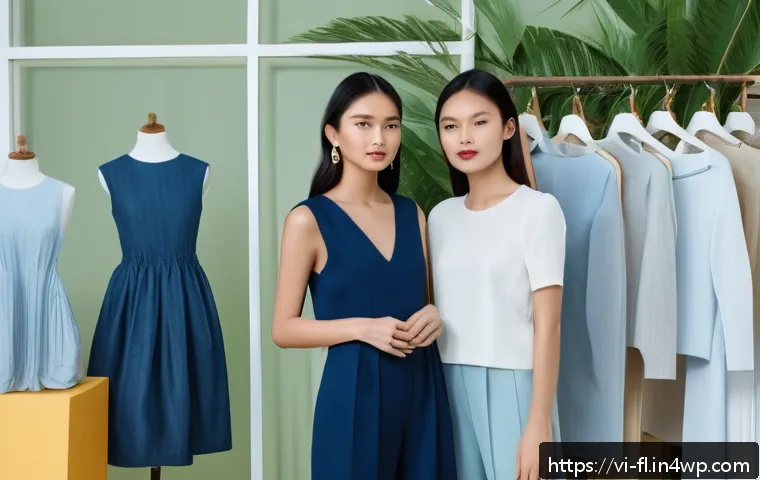 재생 섬유의 문화적 영향력 - A modern Vietnamese fashion studio showcasing eco-friendly recycled fiber garments: a diverse group ...
