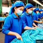 Home 23 재생 섬유의 사회적 가치 창출 - A vibrant Vietnamese recycling factory interior focused on advanced textile fiber production, showin...