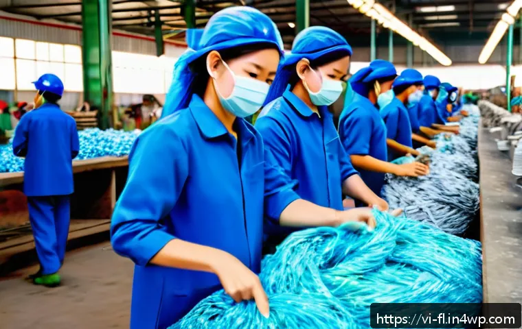 재생 섬유의 사회적 가치 창출 - A vibrant Vietnamese recycling factory interior focused on advanced textile fiber production, showin...